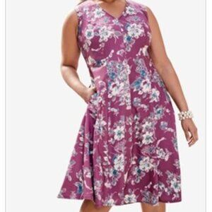 NEW Jessica London Wine & Navy Floral Print Fit & Flare Dress with Pockets 24W